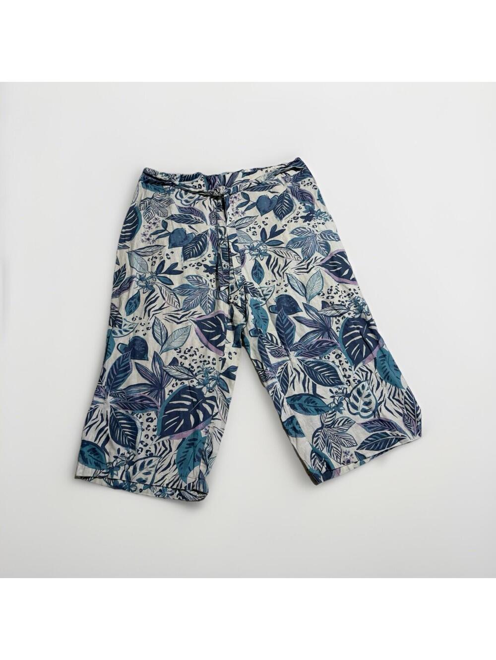 Blue Sol Wide Leg Crop Pants 1 Blue Leaf Print Linen Blend Elastic Tie Waist